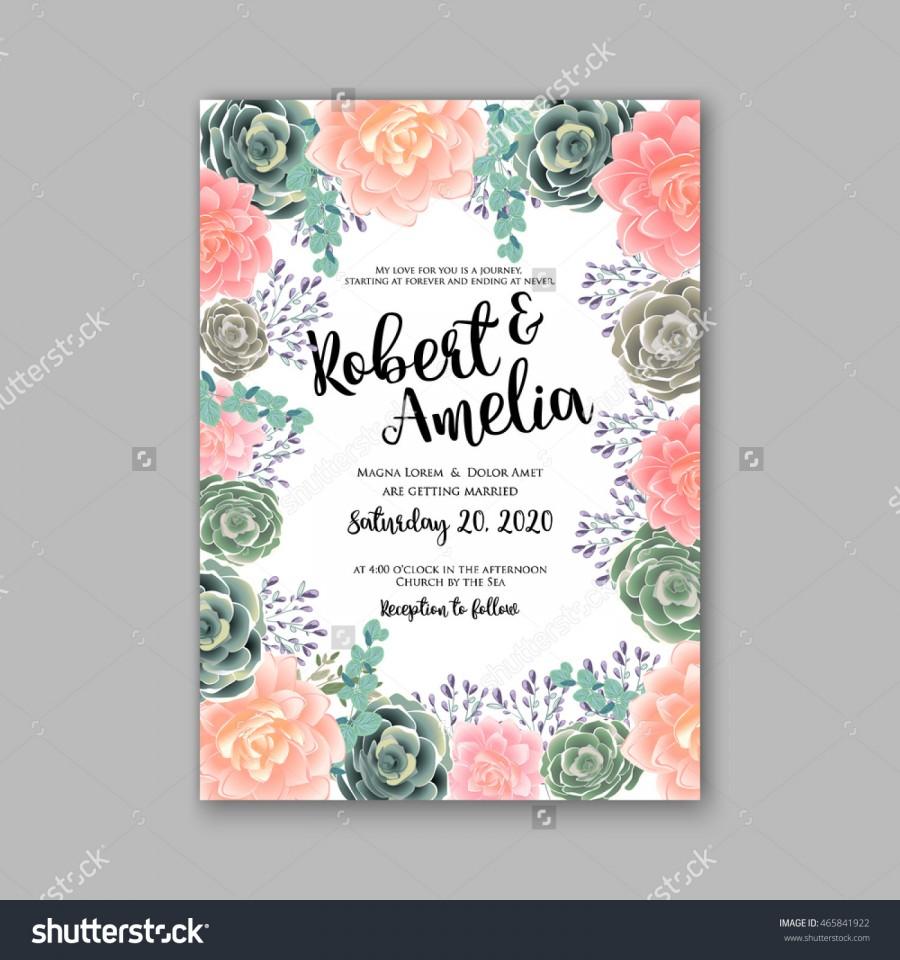 زفاف - Wedding invitation template with succulents and rose bouquet with eucaliptus leaf