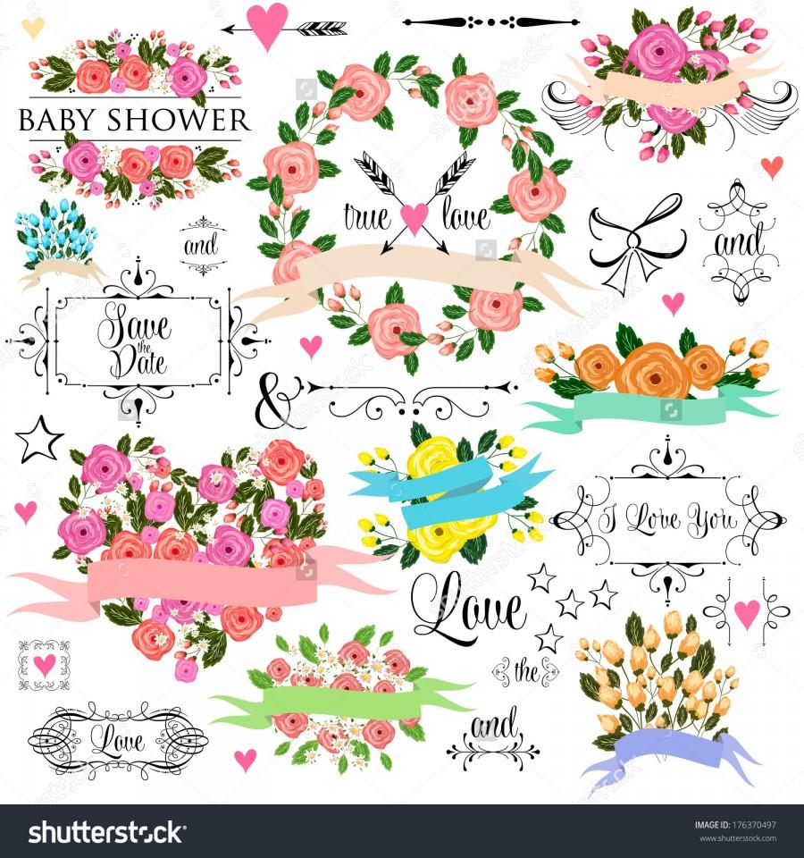 Mariage - Wedding graphic set, wreath, flowers, arrows, hearts, laurel, ribbons and labels.