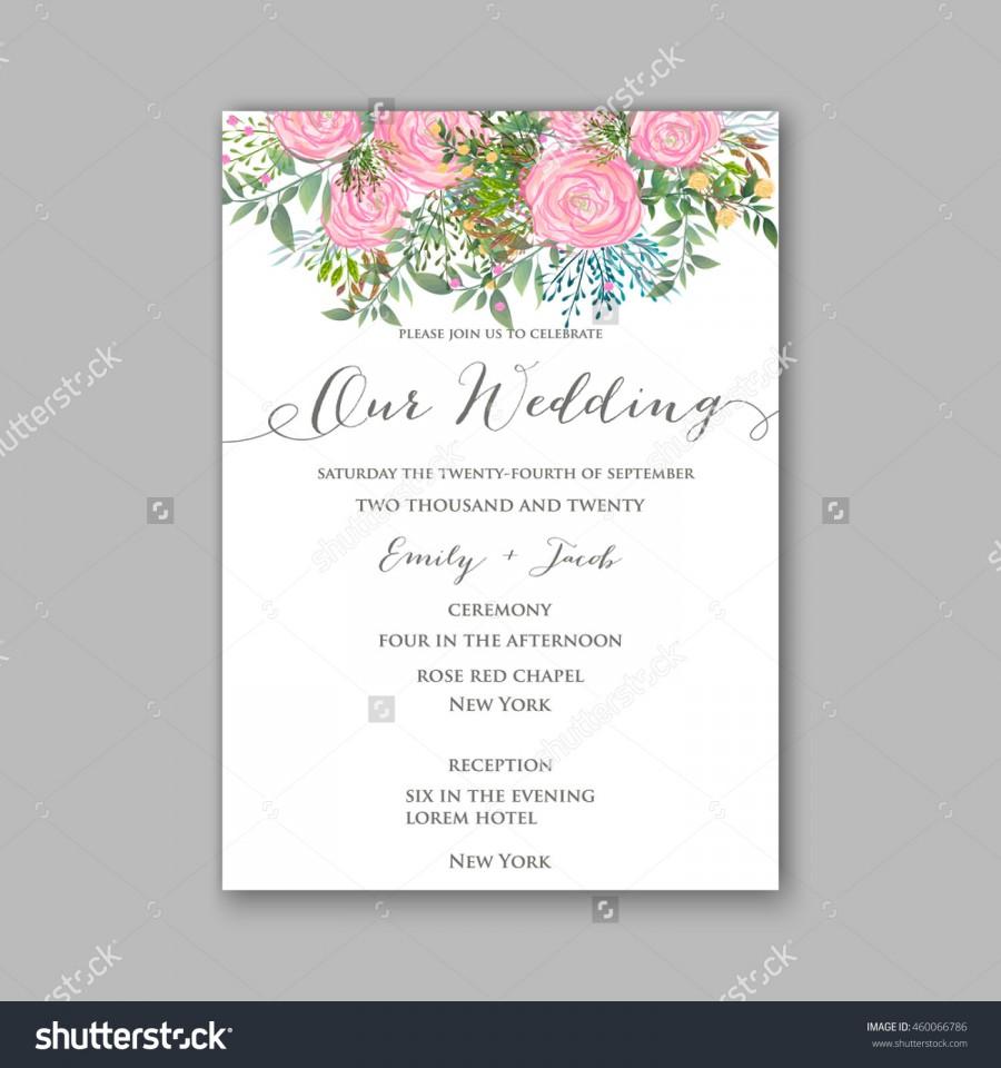 Wedding - Wedding invitation with watercolor rose flower and laurel in wreath