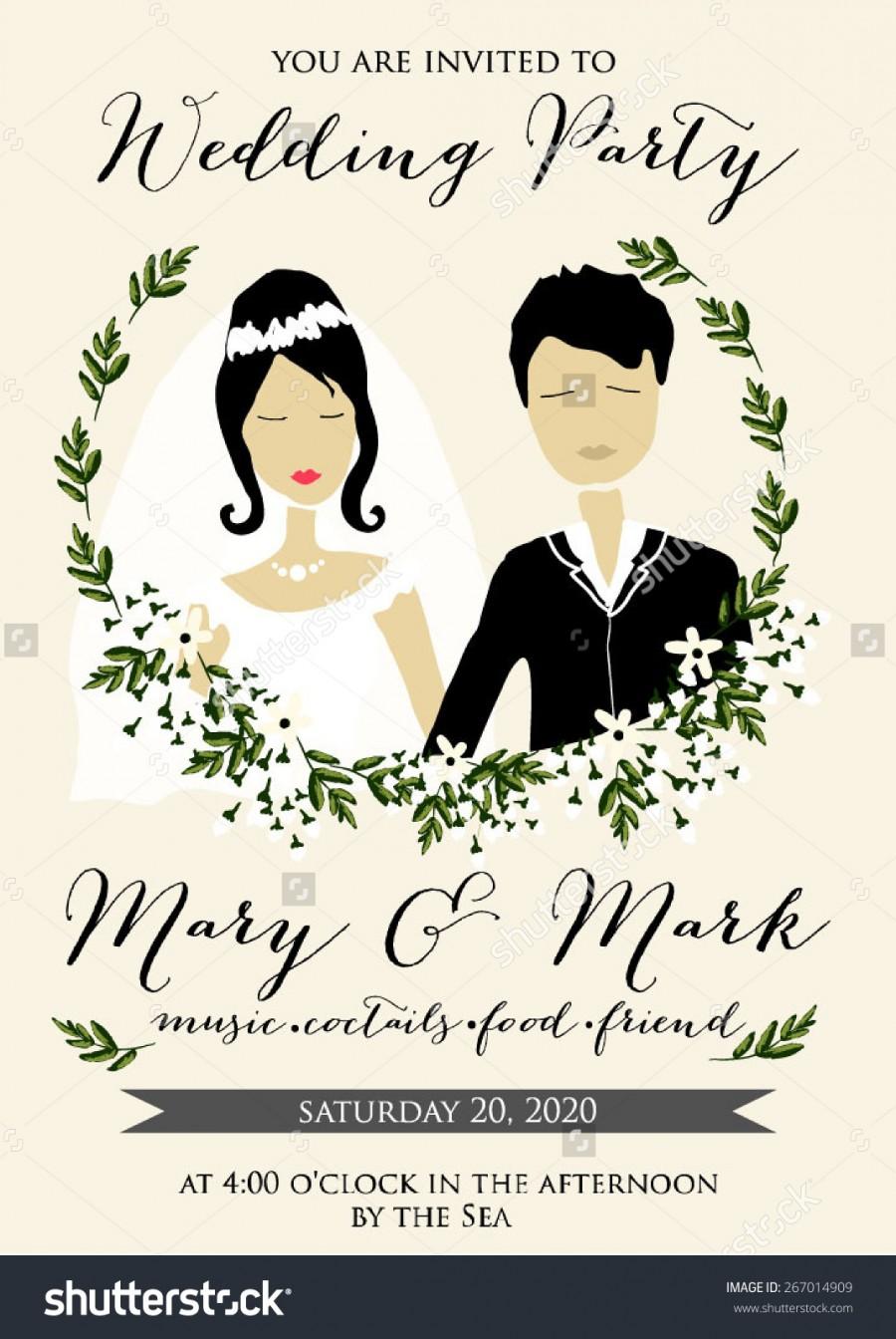 Mariage - Wedding invitation with cartoon couple groom and bride in retro style