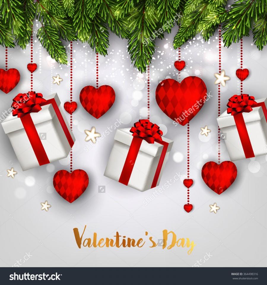 زفاف - Garland of hearts and gift packages for Valentine's Day decorations with pine branches. Congratulatory handwritten gold lettering.