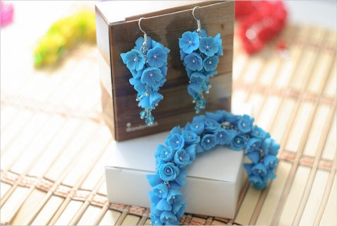 Wedding - Polymer clay jewelry set Dangle earrings bracelet Blue flower earrings bracelet Floral jewelry Flower jewelry Summer gift Ocean sea jewelry