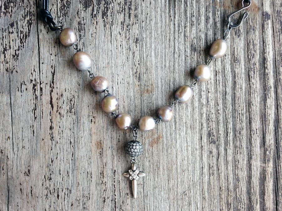 Wedding - Grey pearl necklace with crystal mesh gunmetal ball and cross with crystals as pendant