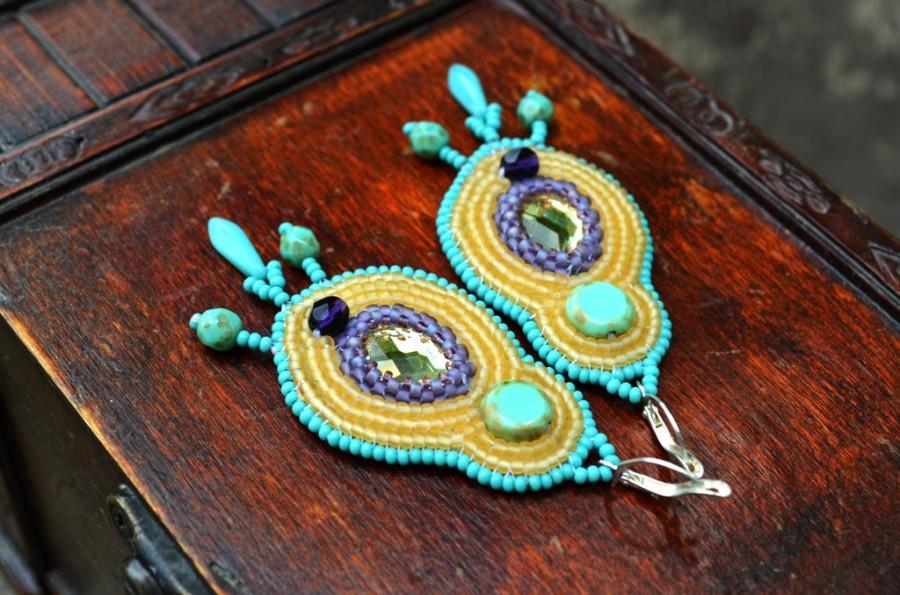 Wedding - Bead embroidered earrings Beadwork Multicolored earrings Purple Turquoise Beige seed bead earrings Bead embroidery jewelry Gift for her