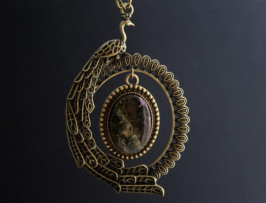 Mariage - Bird Necklace Bronze Necklace Firebird Pendant Purpurite Long Charm Necklace Green Crystal Ring Pendant Nouveau Jewelry Modern Jewelry. FLJ.