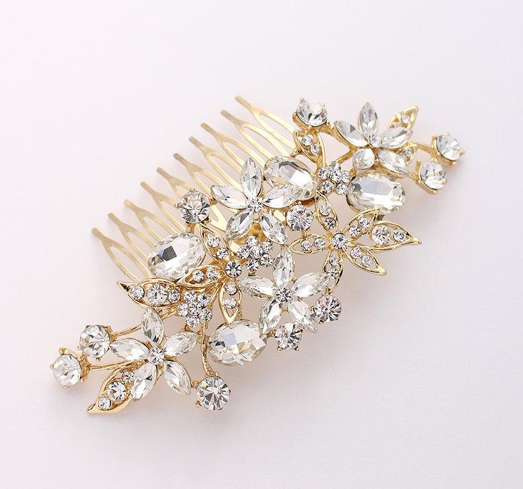 Mariage - Gold Bridal Comb, Rhinestone Hair Pin, Crystal Bridal Hair Piece, Gold Hair Jewelry, Bridal Headpiece, Wedding Hair Accessory