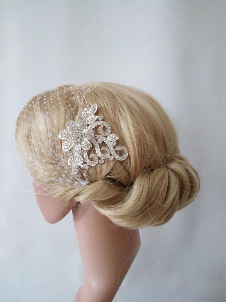زفاف - Birdcage Veil Ivory or White Netting with Silver Hair Comb Bridal Fascinator – Bandeau Veil or Blusher Veil