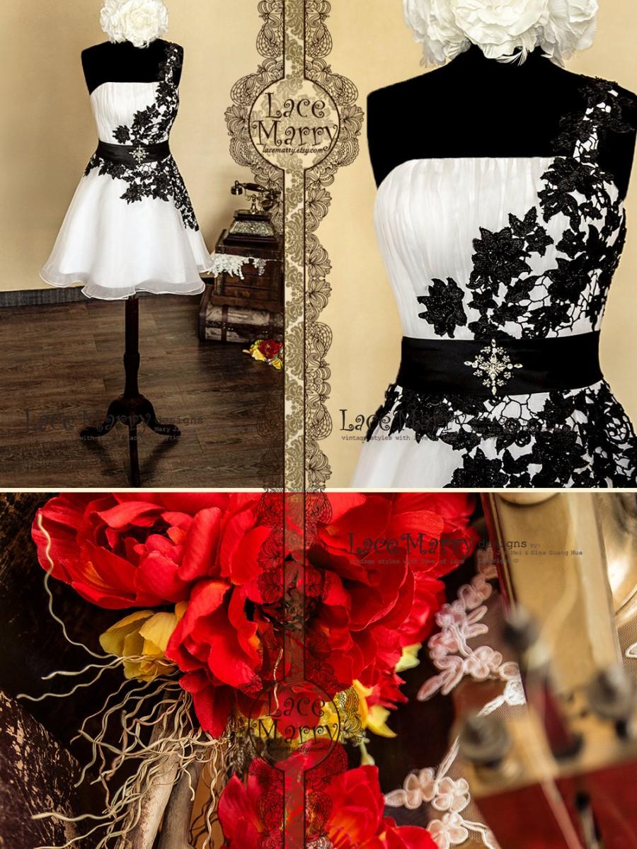 Wedding - Open Back Short Evening Dress from White Organza and Black Flower Lace featuring One Shoulder Strap and Handmade Beaded Brooch on the Sash