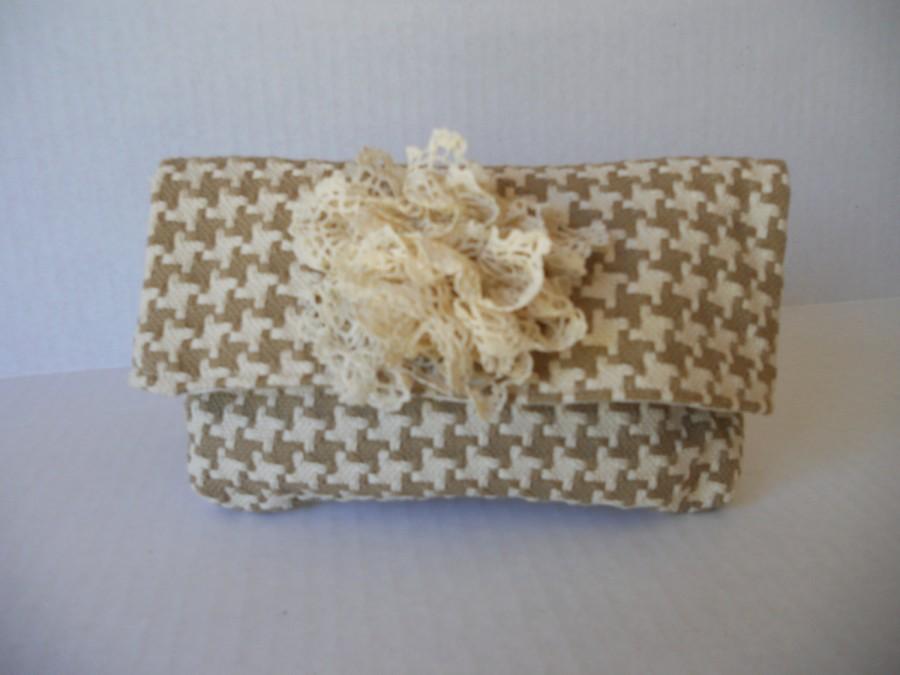 Wedding - Taupe and beige houndstooth cotton clutch, with and without a vintage lace floral accent. Wedding, Prom, Quinceanera.