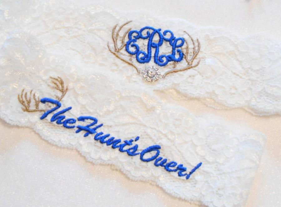 Свадьба - DEER ANTLERS MONOGRAMMED Wedding Garter Set or Single Keepsake Bridal Garter Floral Stretch Lace Bridal Garter Set or Single Garter