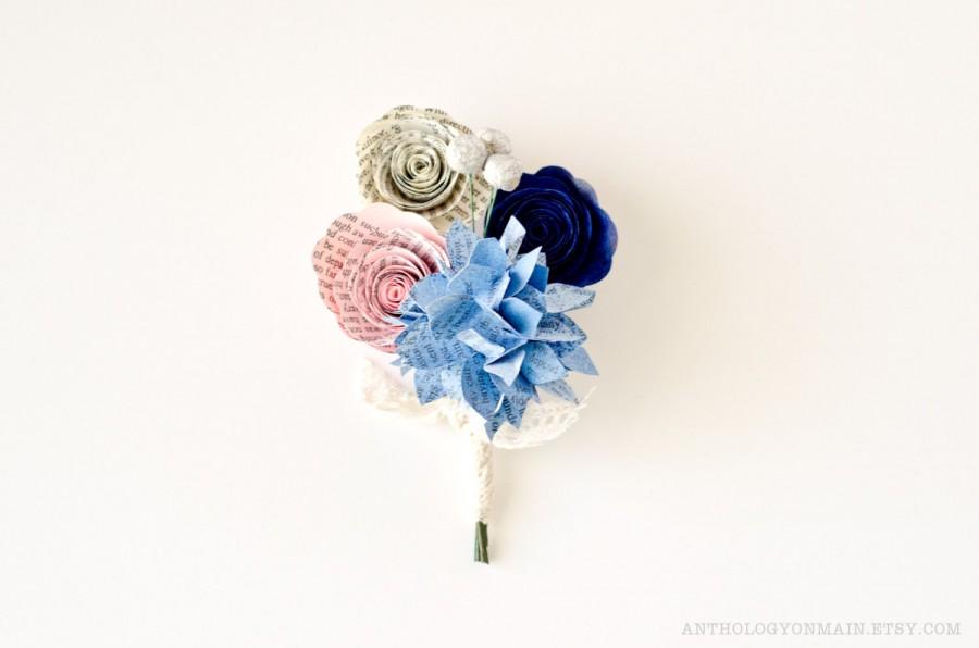 Свадьба - Corsage from Books made with Hydrangea, Roses & Brunia Berries - IN YOUR COLORS - Book Page Paper Wedding Buttonhole Flowers