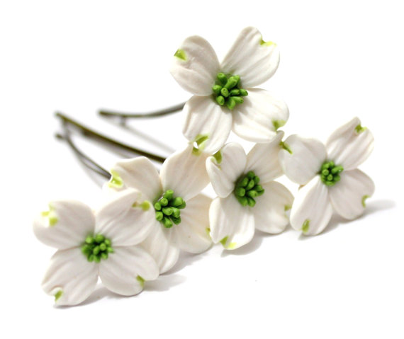 Свадьба - White Dogwood Hair Pins, Bridal White Hair Flowers, Hair Pins, Flowers Set 6