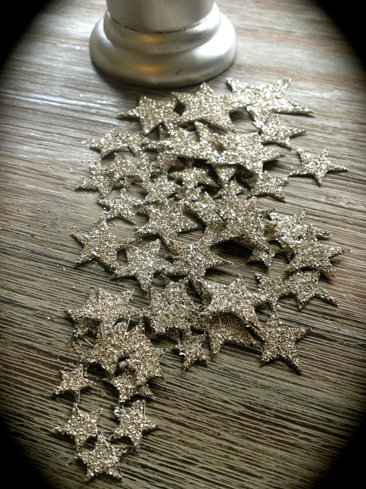 زفاف - Silver Glitter Star Confetti - Tiny Hand Cut Stars- Hand Glittered- 58 Stars