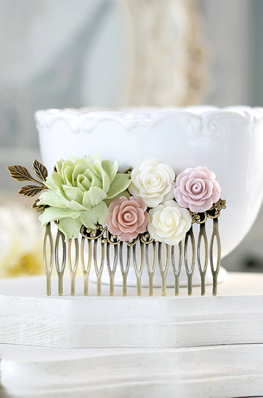 Wedding - Bridal Hair Comb Large Dusty Pink Ivory Mauve Mint Pistachio Green Wedding Hair Comb Gold Leaf  Powder Pink Rose Garden Wedding Hairpiece