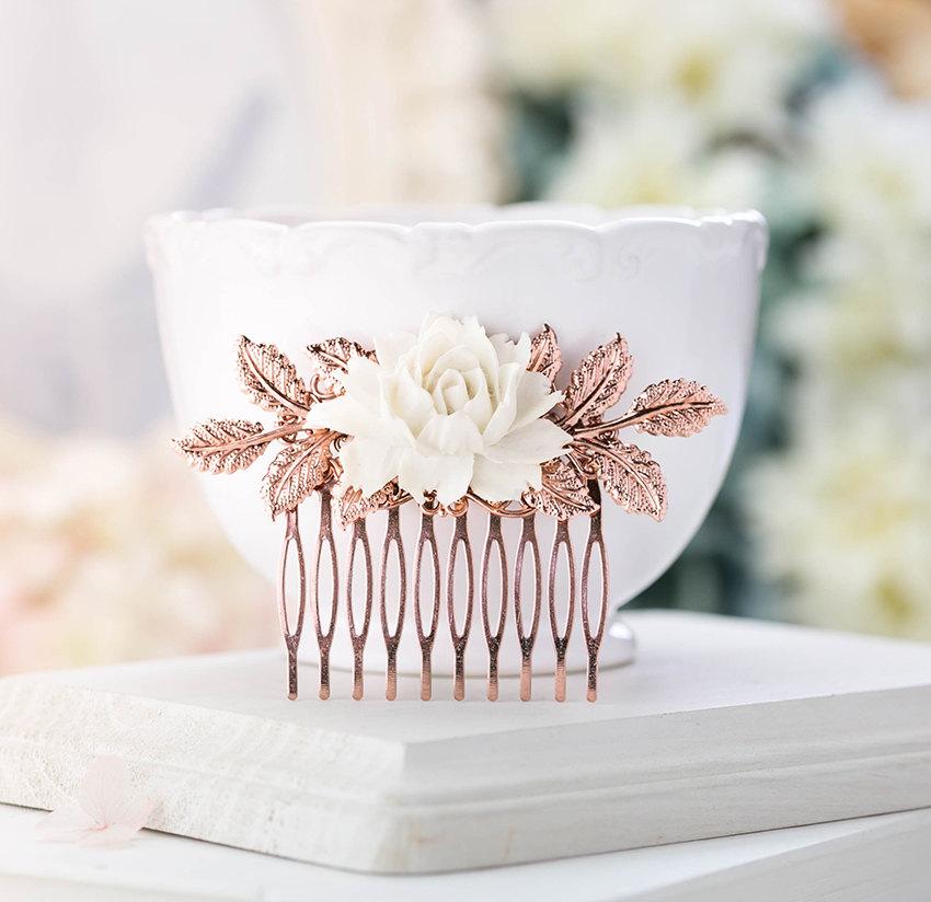 Hochzeit - Rose Gold Hair Comb Bridal Hair Comb Rose Gold Wedding Hair Accessory Leaf Branch White Rose Flower Comb Vintage Wedding Fall Wedding