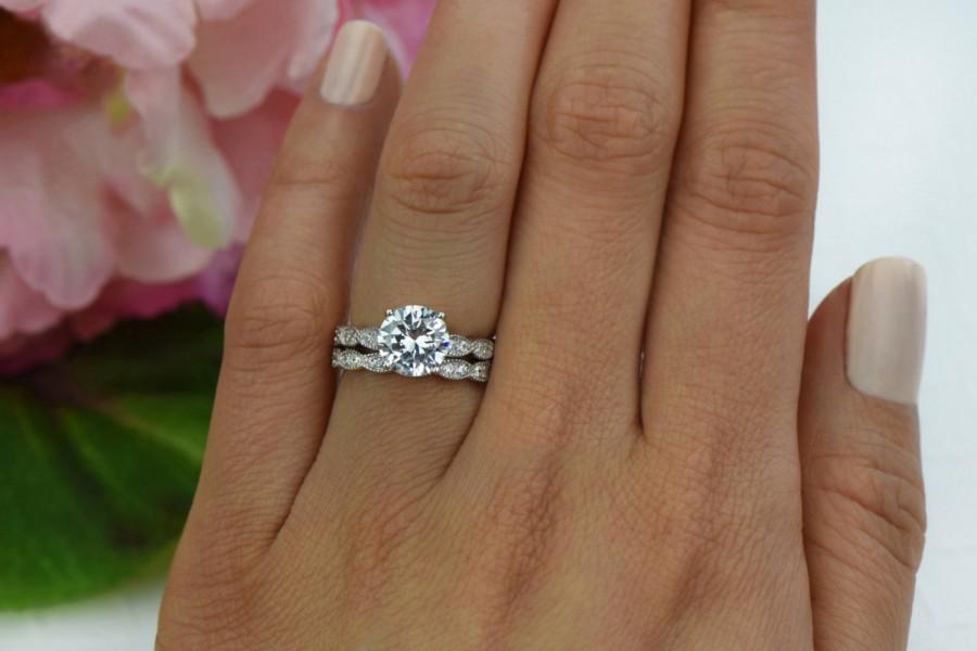 زفاف - 2.25 ctw Vintage Inspired Wedding Set, Wide Art Deco Solitaire Ring, Bridal Engagement Ring, Man Made Diamond Simulants, Sterling Silver
