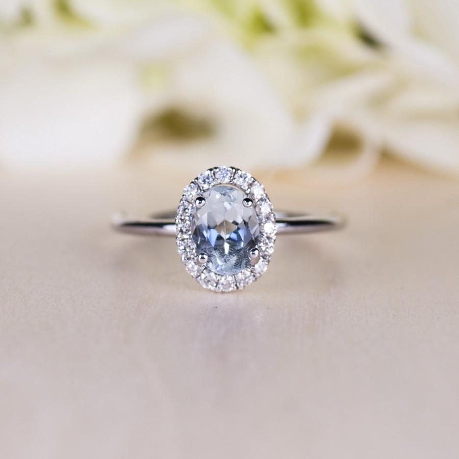 زفاف - Aquamarine Engagement Ring, Simple Engagement Ring, Diamond Halo, White Gold, Promise Ring, Graduation Gift, March Birthstone