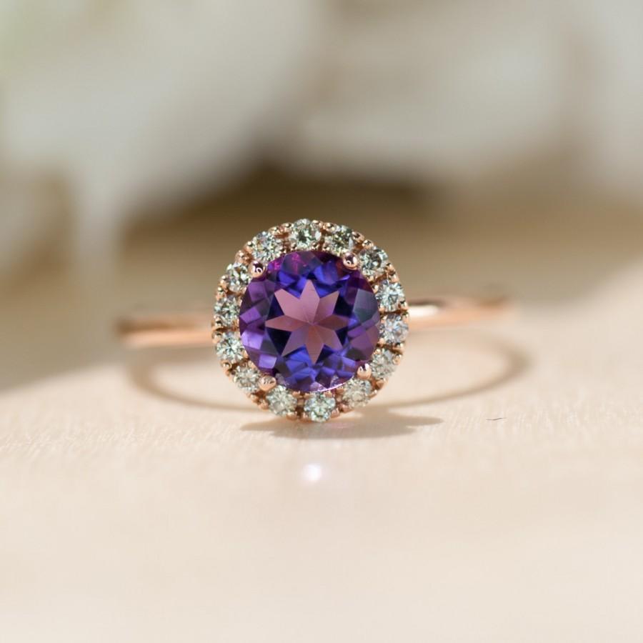 زفاف - amethyst rose gold ring, Halo Diamond Engagement Ring, Nurse Graduation Gift, College Graduation, Round Cut, Promise Ring for her