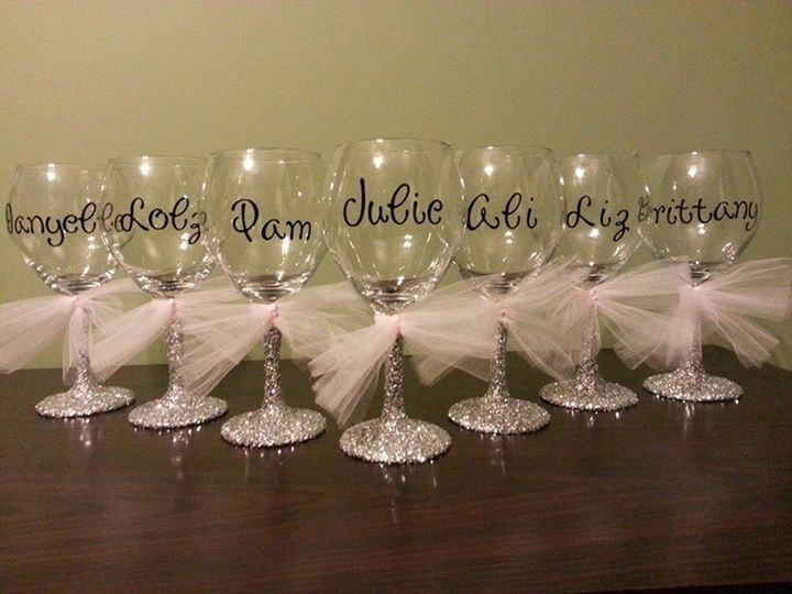 Hochzeit - Bridesmaid Glitter Stemmed Wine Glasses; Bride and Groom Glasses, Bridesmaids, Mothers of Bride/Groom, Personal Attendants; Wedding Presents