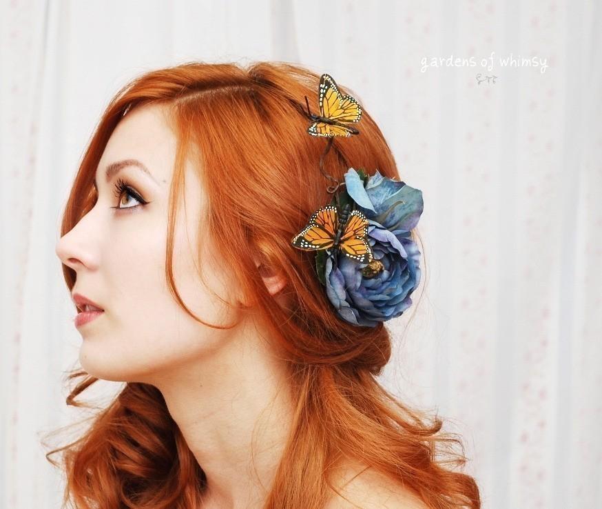 Wedding - Butterfly hair clip, blue rose hair pin, bridal head piece, hair accessory - Blue skies
