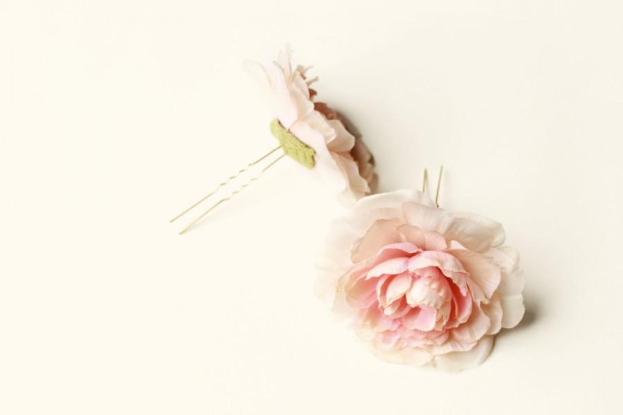 زفاف - Blush flower hair pins, pink ranunculus hair clips, flower chignon pins, bridal hair pins, wedding hair piece, hair accessories