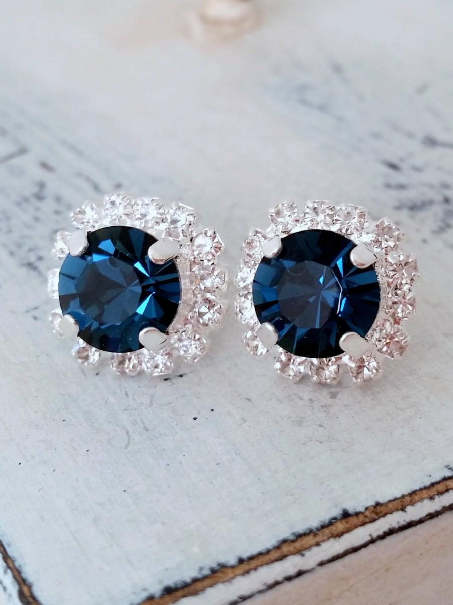 Wedding - Navy blue earrings,navy blue bridesmaid gifts,studs,Swarovski crystal stud earrings, Bridal earrings,navy blue stud earrings, silver or gold
