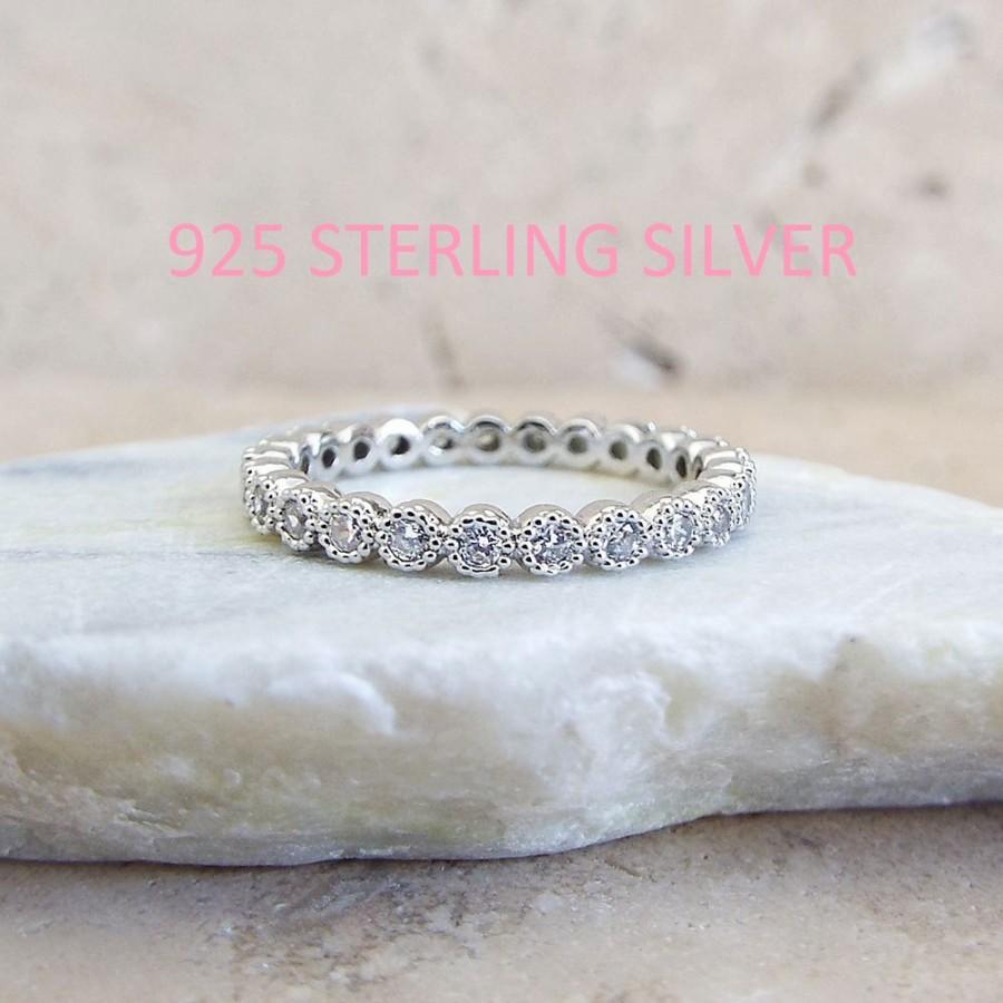 Hochzeit - Sterling Silver 2 mm Milgrain Bezel Full Eternity Band CZ Rhodium plated Anniversary Ring CZ wedding band Promise ring Bridal stacking band