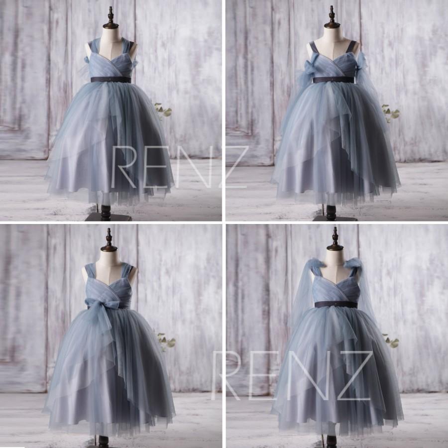 زفاف - 2016 Dusty Blue Junior Bridesmaid Dress, Convertible Straps Flower Girl Dress, Asymmetric Puffy Dress Floor Length (LK119)