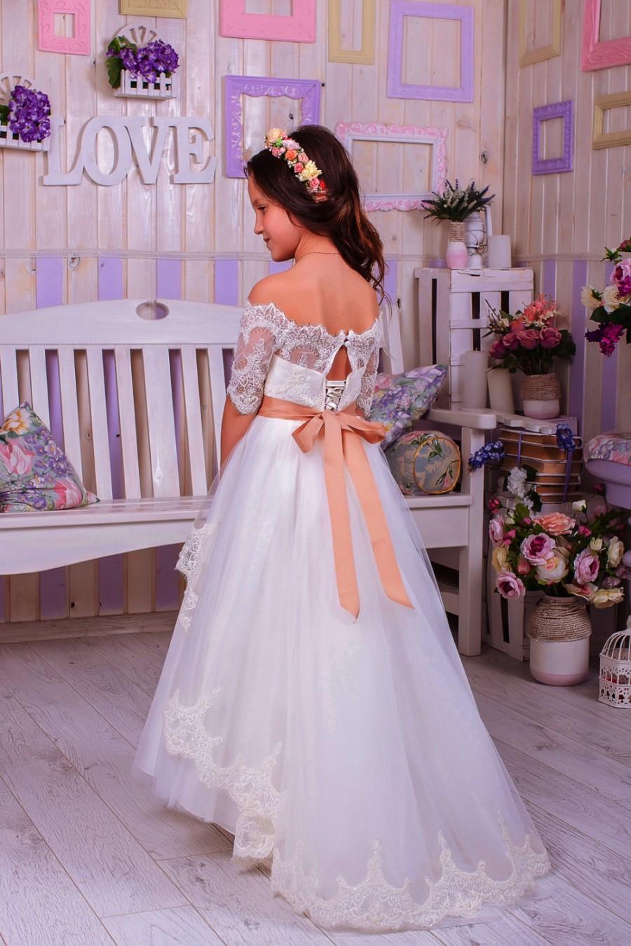 Mariage - Ivory Lace Flower Girl Dress,Flower Girl Dress,Wedding Party Dress,Baby Dress, Rustic Girl Dress,White Girls Dresses,Ivory Flower Girl Dress