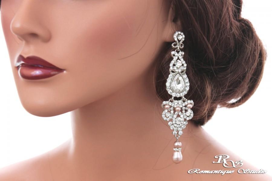 زفاف - Long bridal earrings Swarovski pearl wedding earrings crystal earrings Pearl bridal jewelry Pearl rhinestone earrings Wedding jewelry 1332