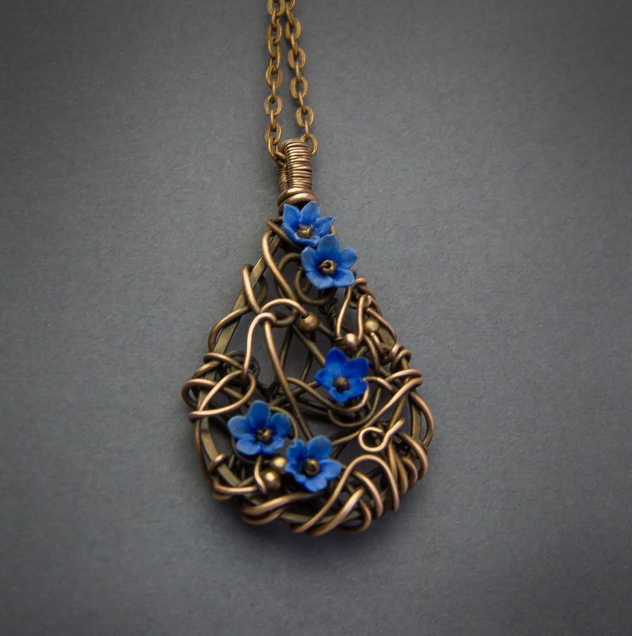 Wedding - Wire wrapped pendant necklace Copper pendant Wire wrap Copper jewelry wirewrap pendant Blue flowers