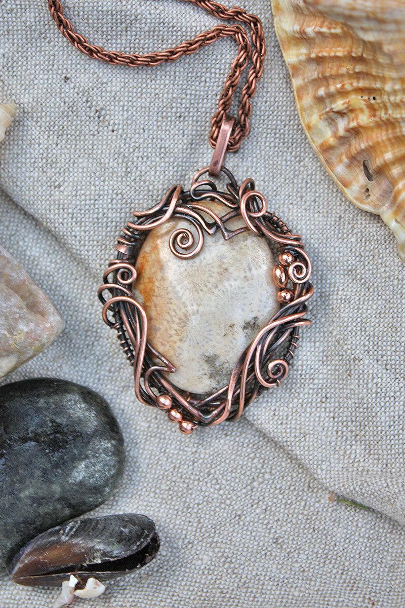 Mariage - Fossil sea treasure pendant necklace - Elegant beige copper necklace - Wire-wrapped necklace