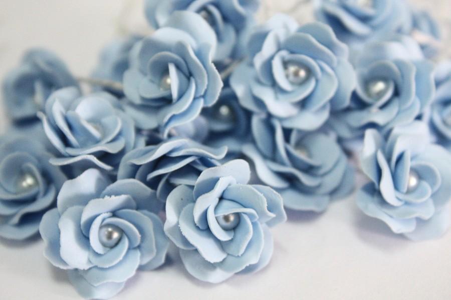زفاف - Miniature Roses Handcrafted Clay with Pearl bead, 12 pcs., Sugar Blue