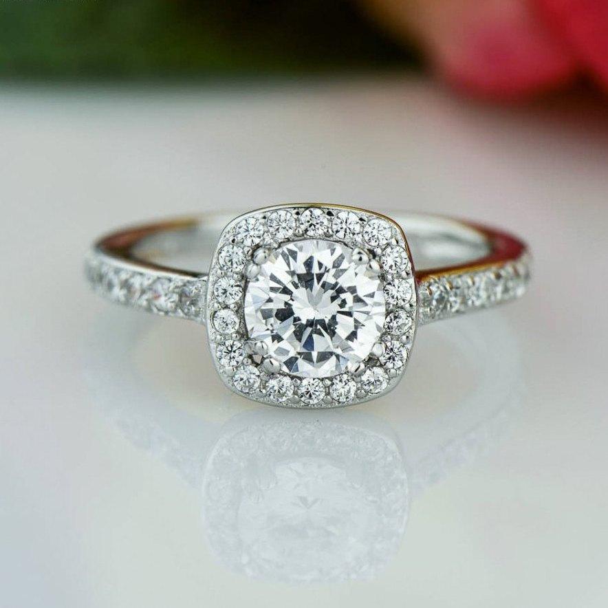 زفاف - Size 6: 1.25 ctw Classic Square Halo Engagement Ring, Man Made Diamond Simulant, Half Eternity Bridal Ring, Promise Ring, Sterling Silver