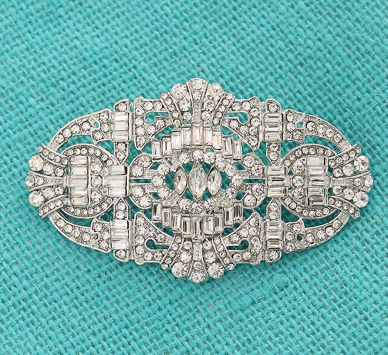 Mariage - Art Deco Wedding Brooch, Art Deco Bridal Brooch, Sash brooch, Rhinestone Silver Brooch, Glam Brooch, Dress Broach
