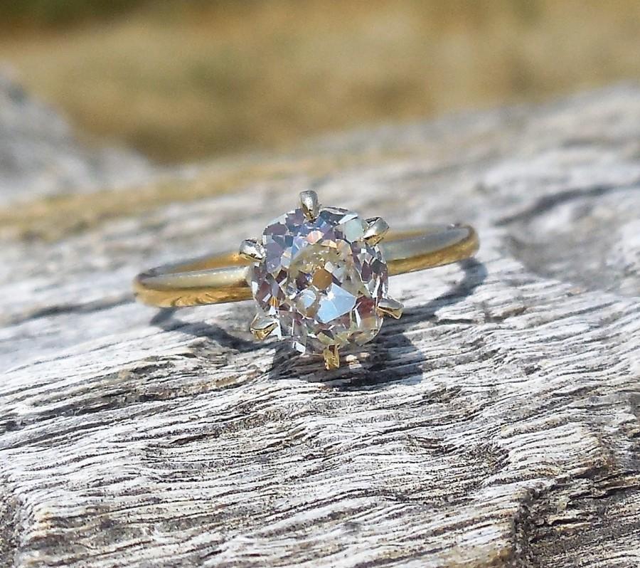 زفاف - Vintage Antique 1.22ct Old Mine Cut Diamond Unique Engagement Ring Art Deco 14k Yellow Gold
