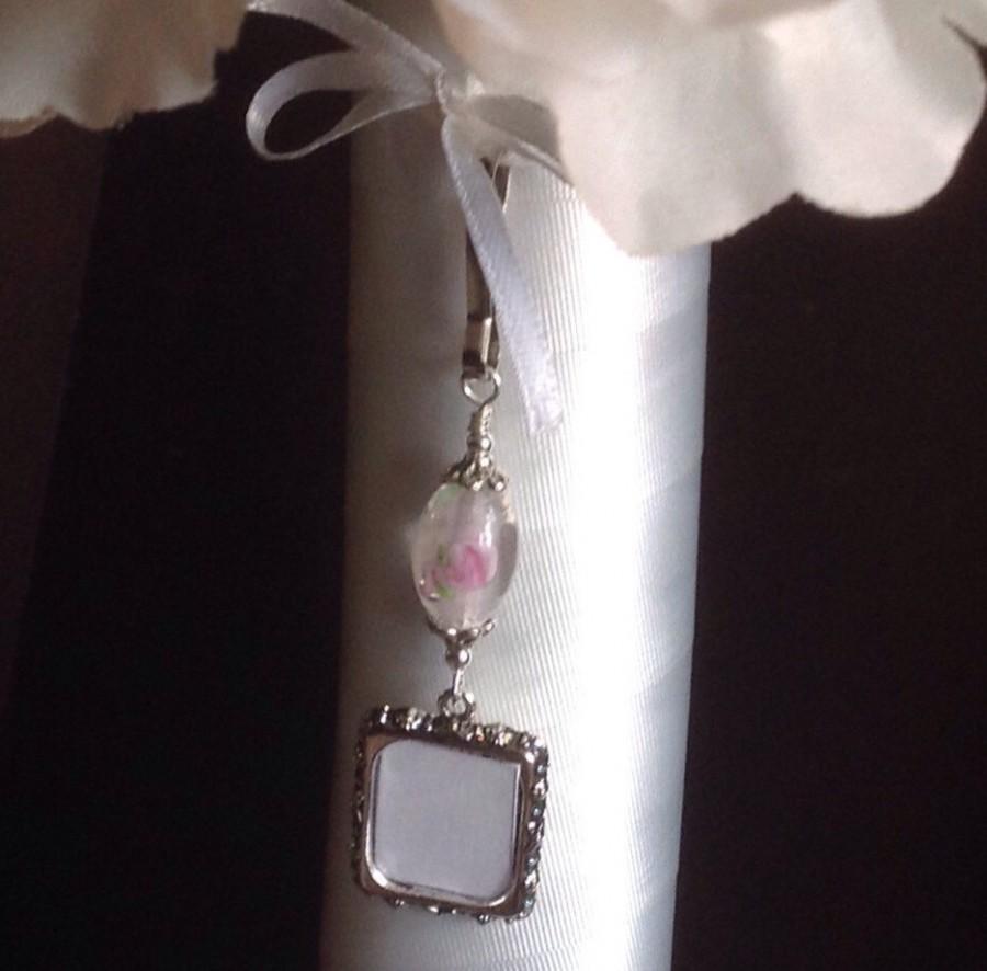 Wedding - Wedding bouquet photo charm. Pink Memorial charm with small picture frame. Bridal bouquet charm- 1 or 2 sided frame. Pink roses photo charm.