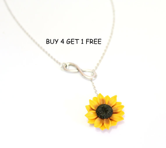 Mariage - Sunflower Infinity lariat Necklace, Yellow Sunflower Bridesmaid, Sunflower Flower Necklace, Bridal Flowers, Sunflower Bridesmaid Necklace