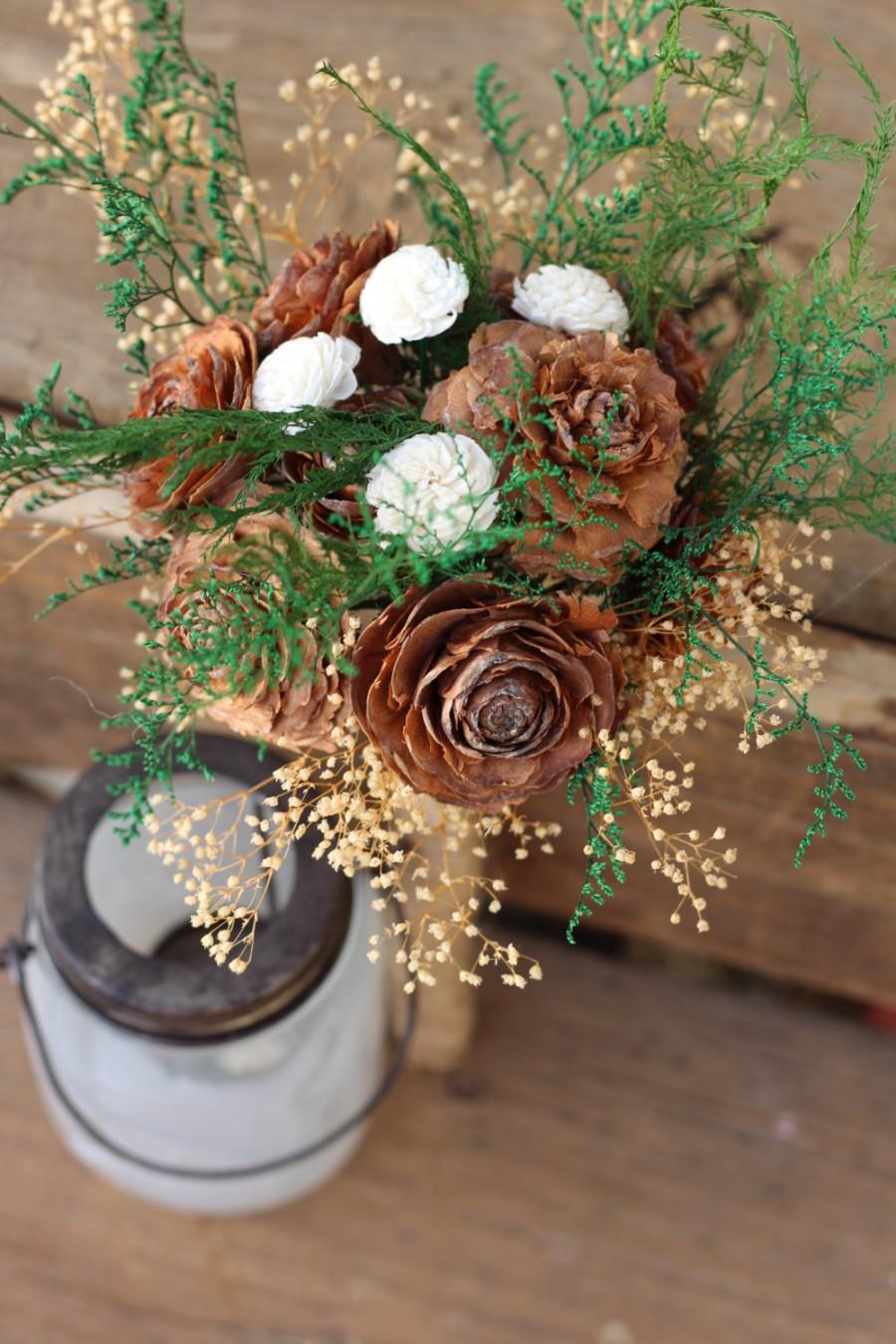 Wedding - Cedar Pine Rose Bouquet, Sola Flower Bouquet, Rustic Wedding, woodland wedding, pine cone bouquet