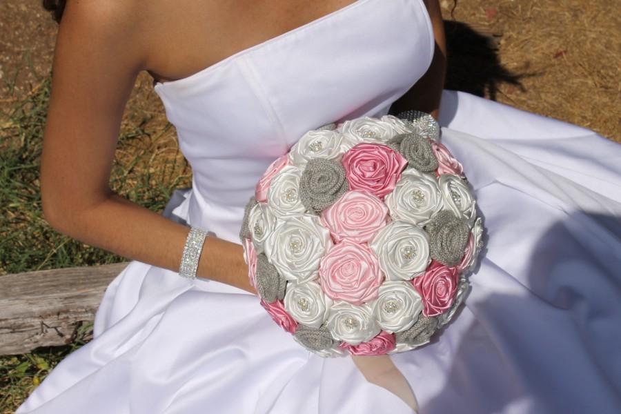 Wedding - Rustic Wedding Bouquet, Light Pink, Rose, Ivory, & Light Grey Burlap Bouquet, Pink Burlap Bouquet, Pink and Grey Bouquet, Pink and Silver
