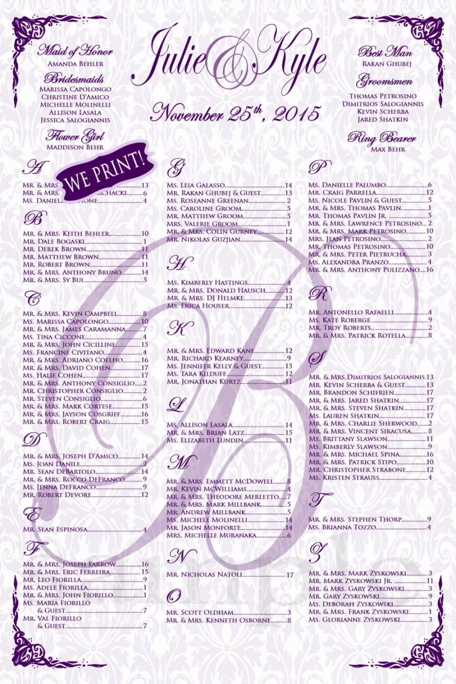 Wedding - Wedding Seating chart/Wedding Seating Chart Board/Purple Wedding Seating chart Poster /Table numbers/ Printed or PDF/ Item PD-0016