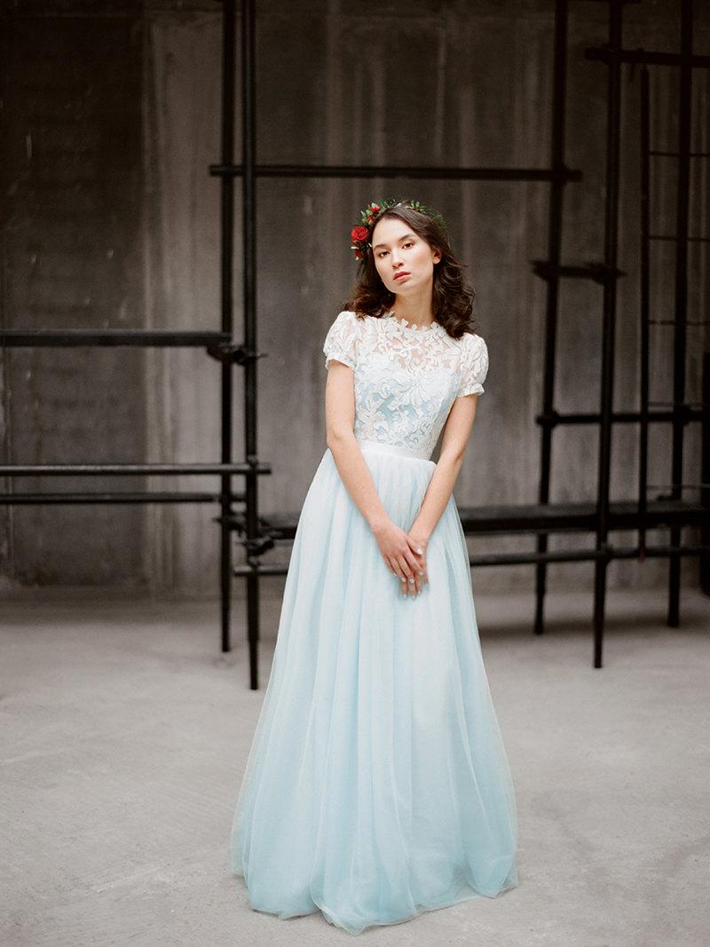 Hochzeit - Ilaria // Blue wedding dress - lace wedding gown - romantic tulle wedding gown - short sleeve wedding dress - blue wedding gown - lace dress
