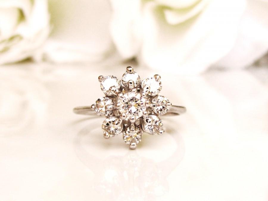 Свадьба - Vintage Floral Diamond Engagement Ring 1.00ctw Diamond Cluster Ring 14K White Gold Diamond Wedding Ring Size 6