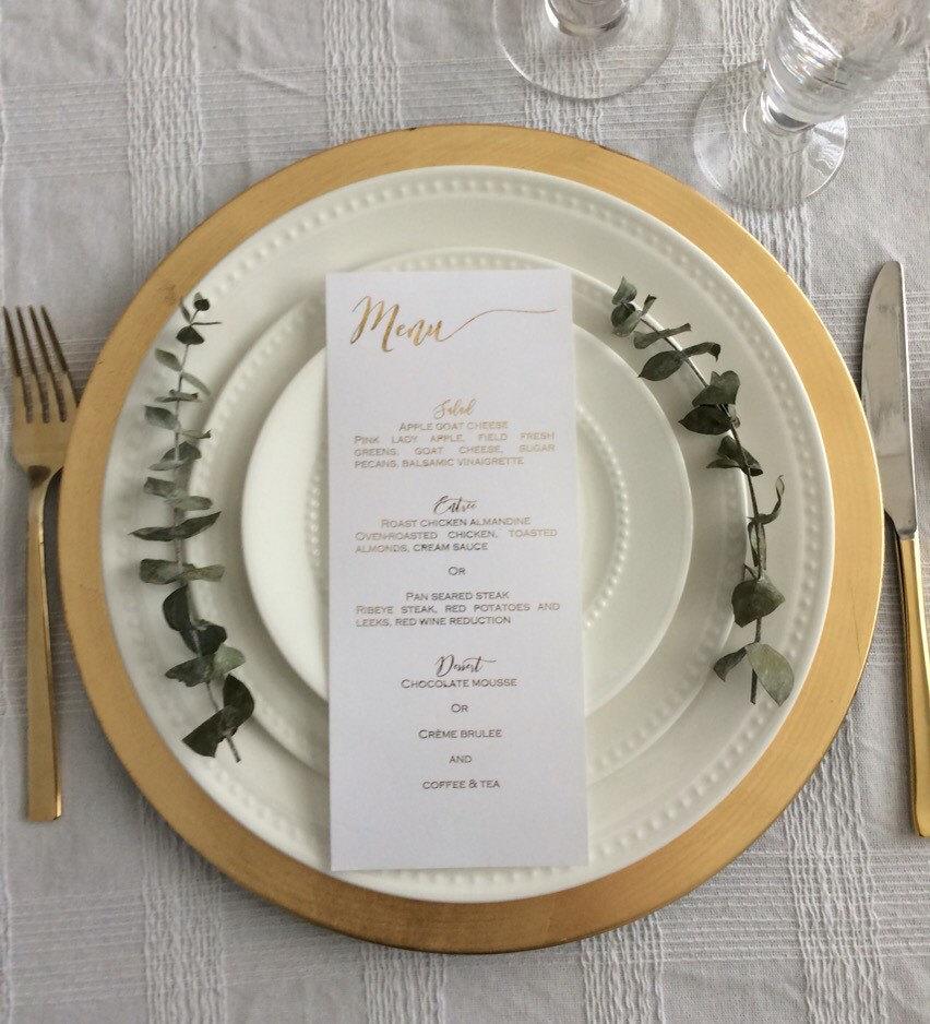 Wedding - Gold foil menu card/ dinner menu/ wedding menu/ wedding menu card/ wedding place setting/ Bougenville font/ place card/ escort card
