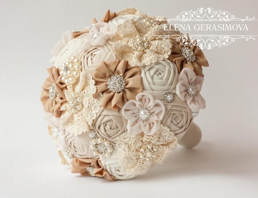 Свадьба - SALE!!! Brooch Bouquet. Ivory tan Fabric Bouquet, Vintage Bouquet, Rustic Bouquet, Unique Wedding Bridal Bouquet