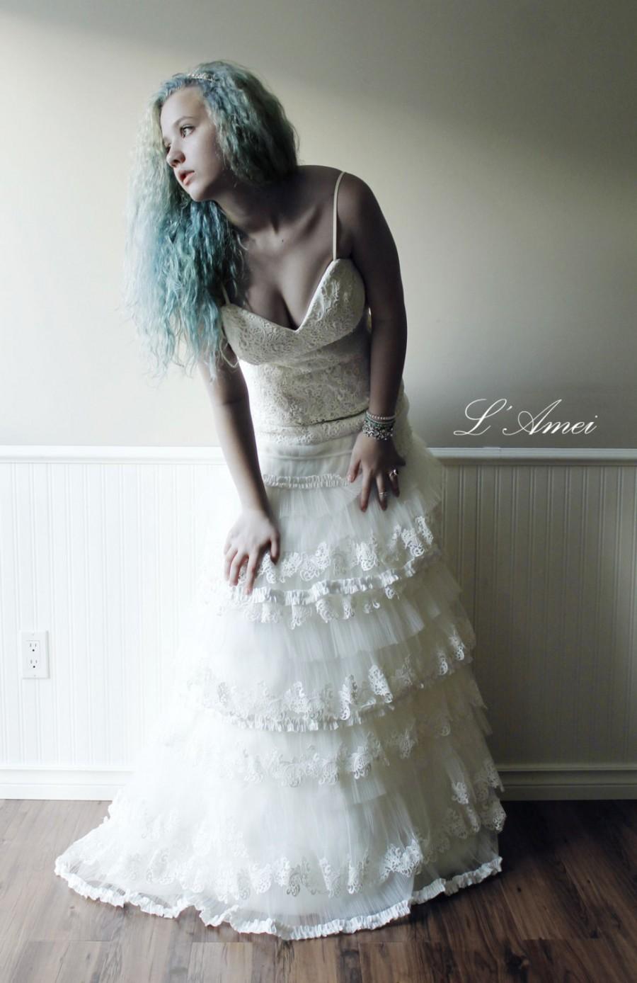 Hochzeit - Bohemian Girl-LAmei 2015 Wedding Dress,Lace Beach Wedding Dress,Court Train Dress,Deep V neck Wedding Gown, Bridal Dress