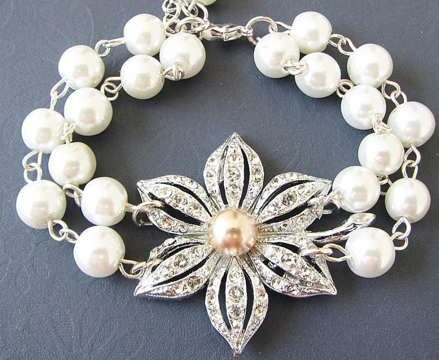 زفاف - Wedding Bracelet Bridesmaid Gift Vintage Wedding Jewelry Flower Bracelet Bridal Jewelry Rhinestone and Pearl Bracelet