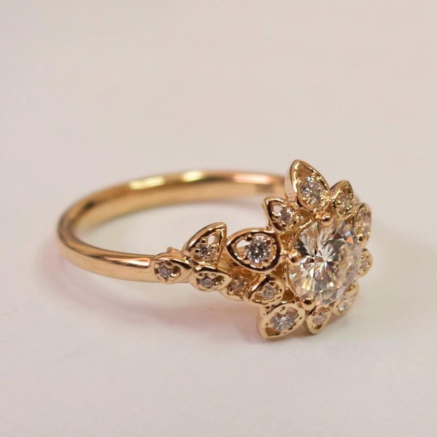 Mariage - Moissanite Art Deco Petal Engagement Ring No.2B- 14K Rose Gold and Moissanite engagement ring, leaf ring,flower ring, forever one moissanite