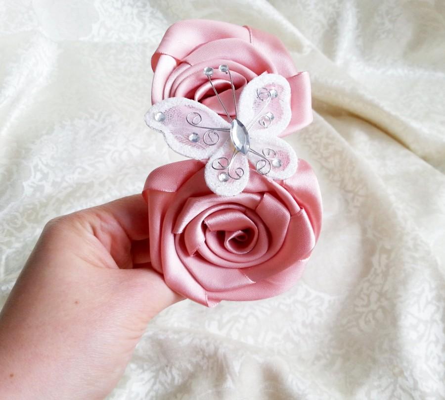 زفاف - Dusky pink and white headband with handmade satin flowers and butterfly with sparkling elements, flower girl bridesmaid