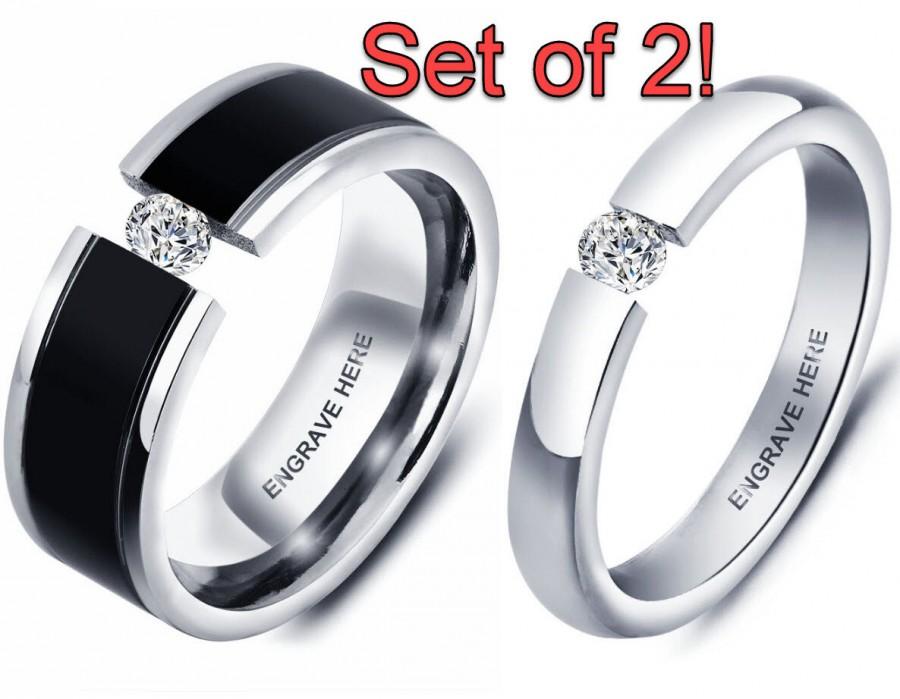 Hochzeit - Promise Ring Set Promise Rings for Couples, His and Her Promise Rings, Matching Promise Rings, Couples Promise Ring Set Engraved Personalize